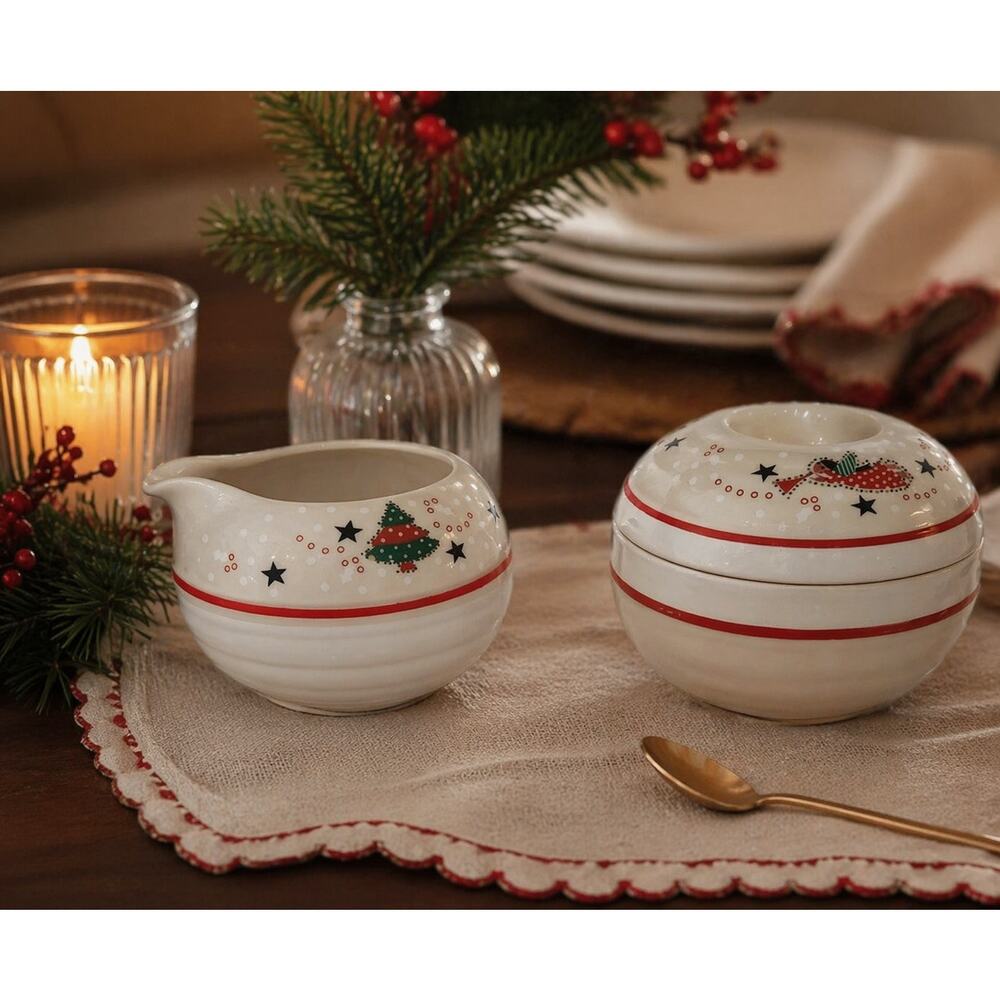 Noritake Epoch Holiday Joy Christmas Creamer and Sugar Bowl Korea